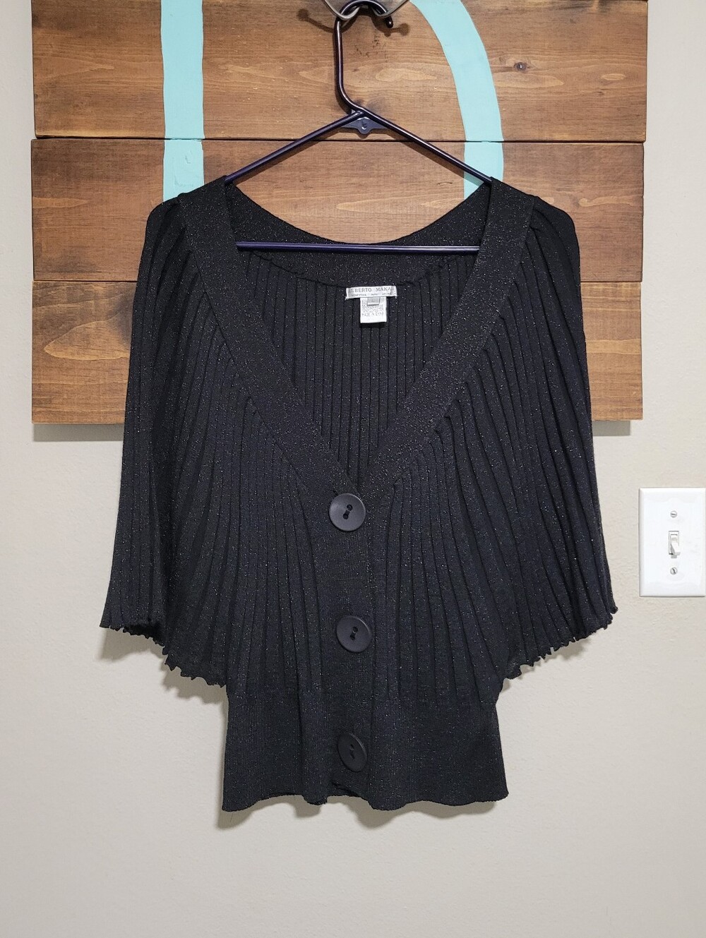 Alberto Makali Black Ribbed Deep V Neckline Batwing Sleeve Y2k Cardigan Top L